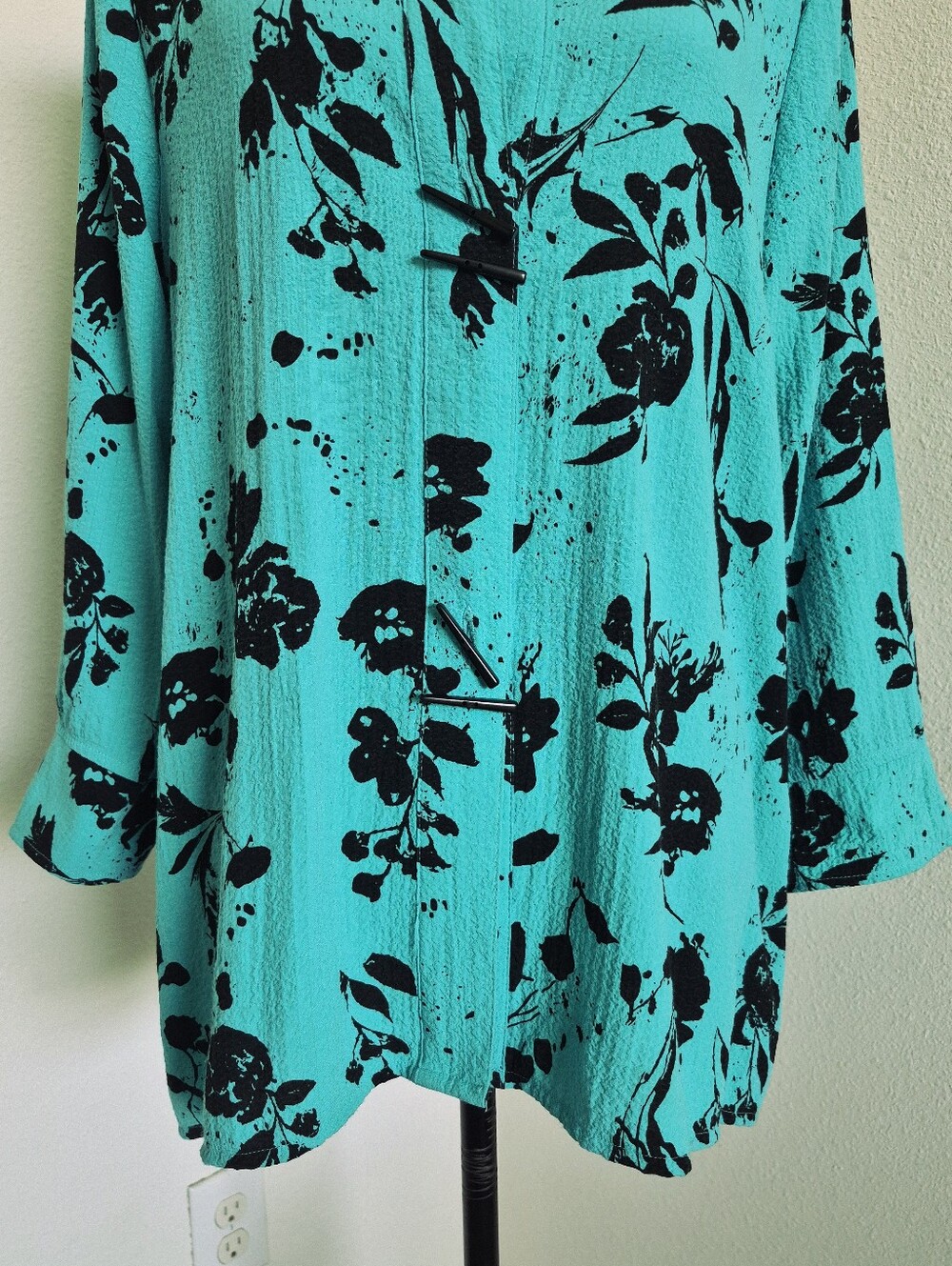 Ali Miles Floral green toggle button tunic Crinkle shirt size M Abstract artsy - Picture 5 of 16
